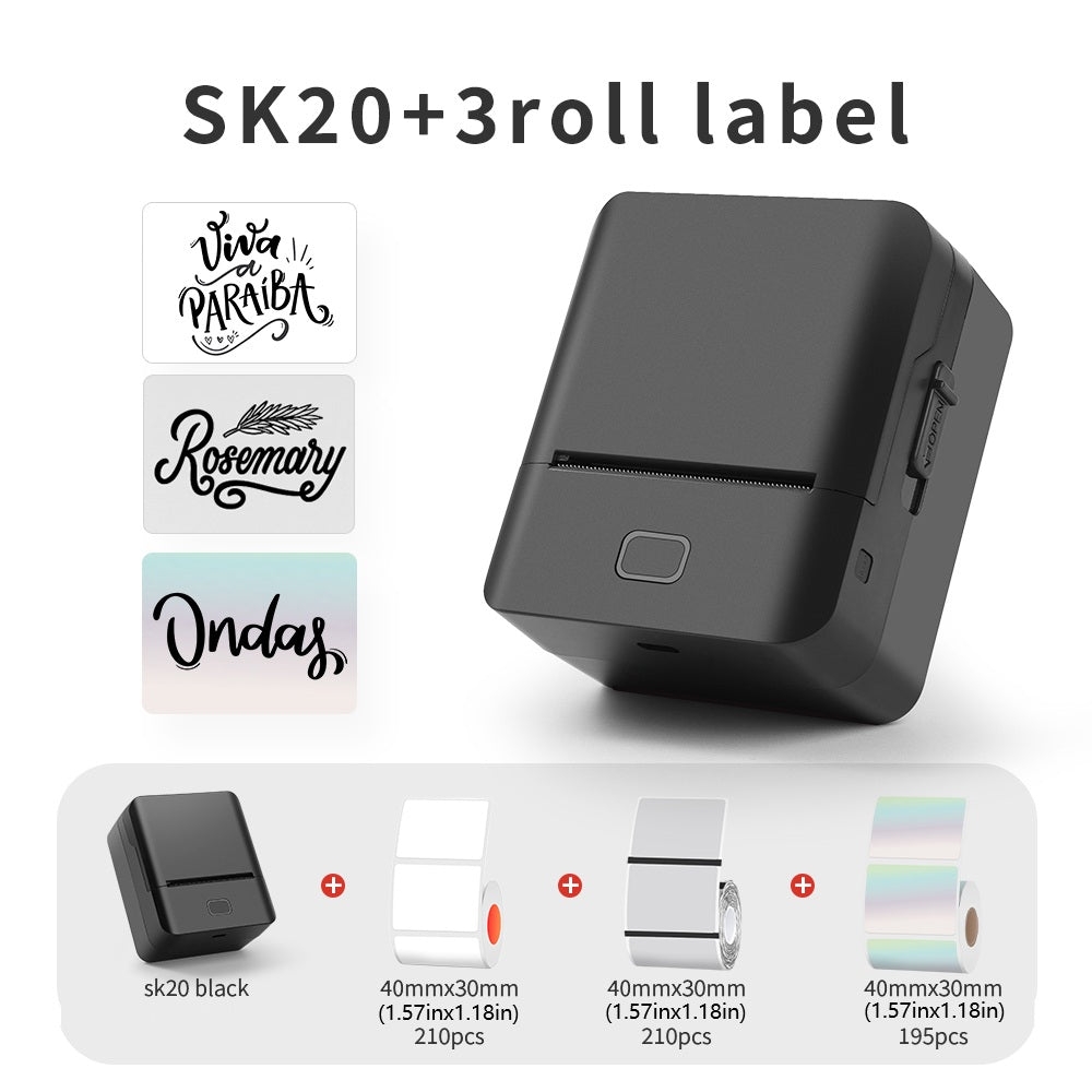 SK20 Mini Thermal Printer with 3 Rolls of Labels (1x White + 1x Holographic + 1x Transparent)(US Local Shippment)