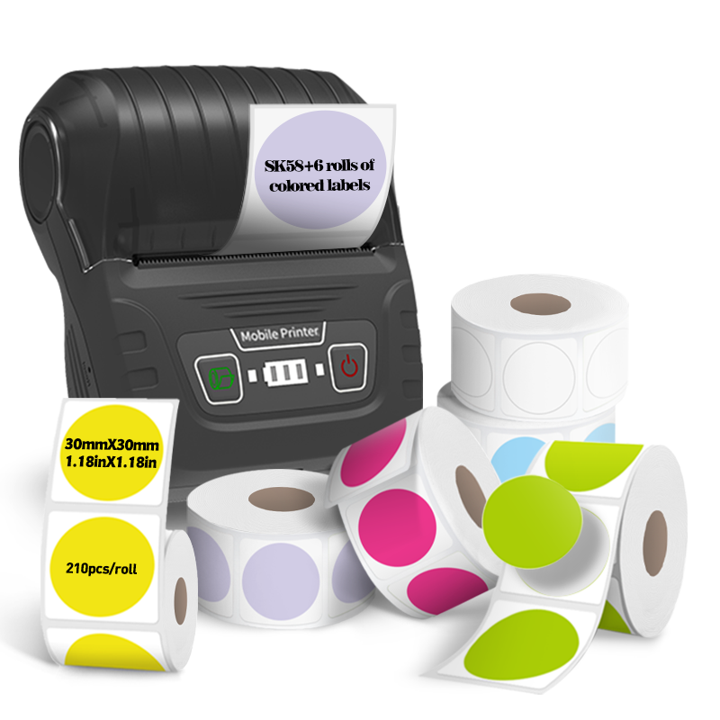 SK58 Mini Thermal Printer with 6 Rolls of Colored Round Labels（SA Local Shippment）