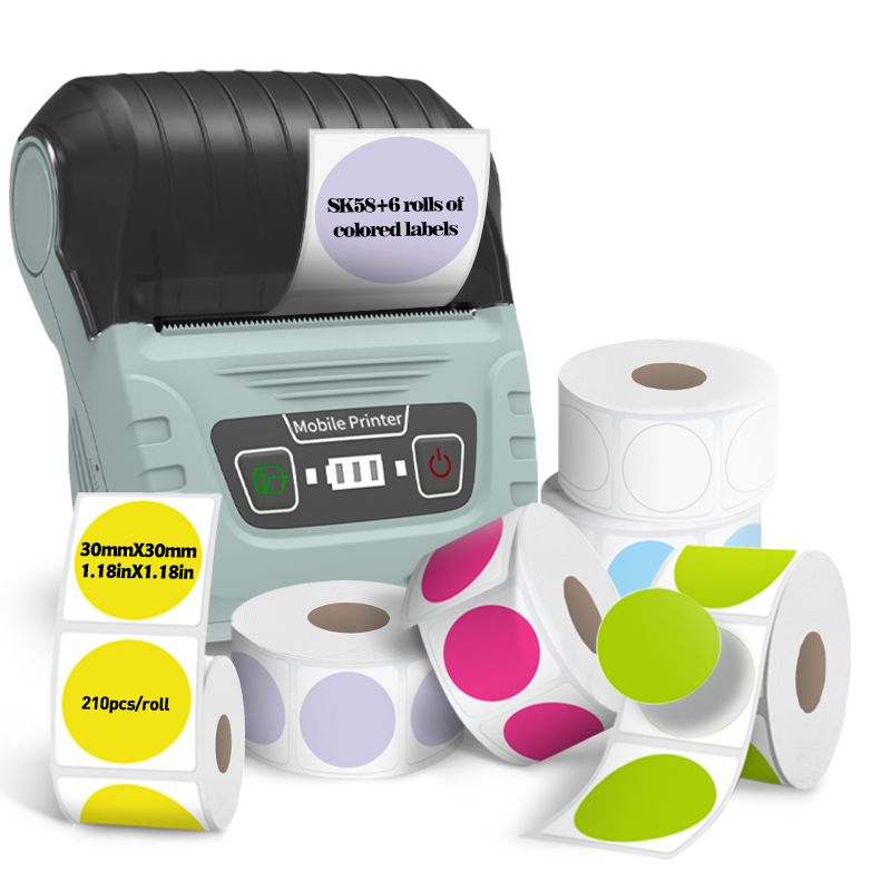 SK58 Mini Thermal Printer with 6 Rolls of Colored Round Labels（SA Local Shippment）